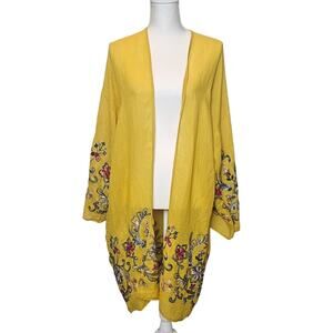 Three Bird Nest Mustard Yellow‎ Mustard Sheer Floral Boho Kimono One Size ?